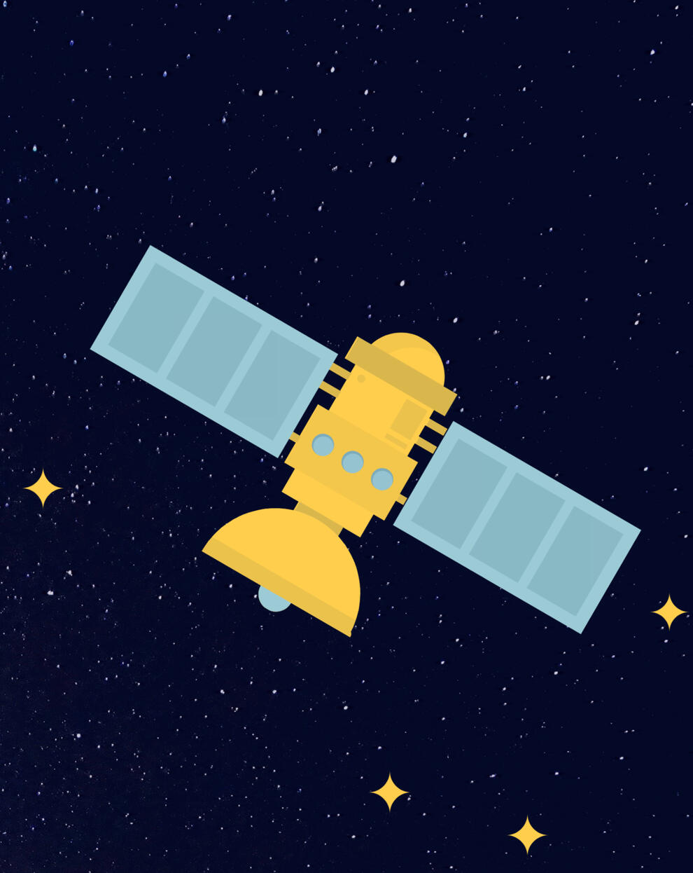 A yellow cartoon satellite floating in space.